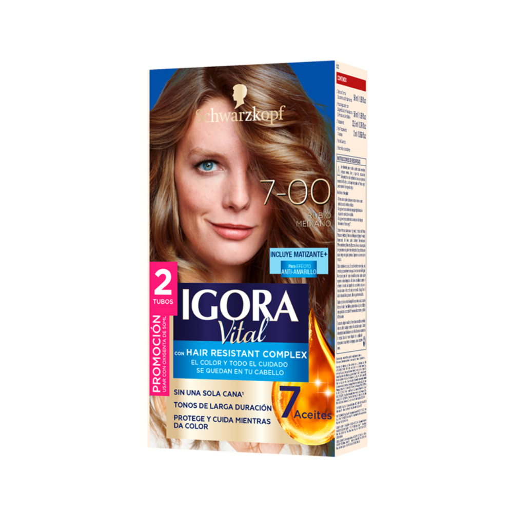 PROMO TINTE PARA CABELLO IGORA VITAL CAJ X 2TUB 7-00 RUBIO MEDIANO