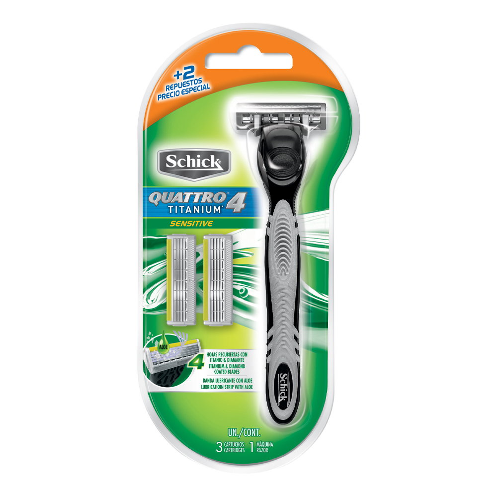 MAQUINA AFEITAR QUATTRO TITANIUM SCHICK 1 MANGO Y 3 CARTUCHOS SOB X 1
