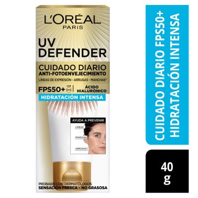 CREMA CUIDADO DIARIO HIDRATACION INTENSA LOREAL PARIS UV DEFENDER ANTI-FOTOENVEJECIMIENTO FPS 50 NO GRASOSA TUBO X 40GR
