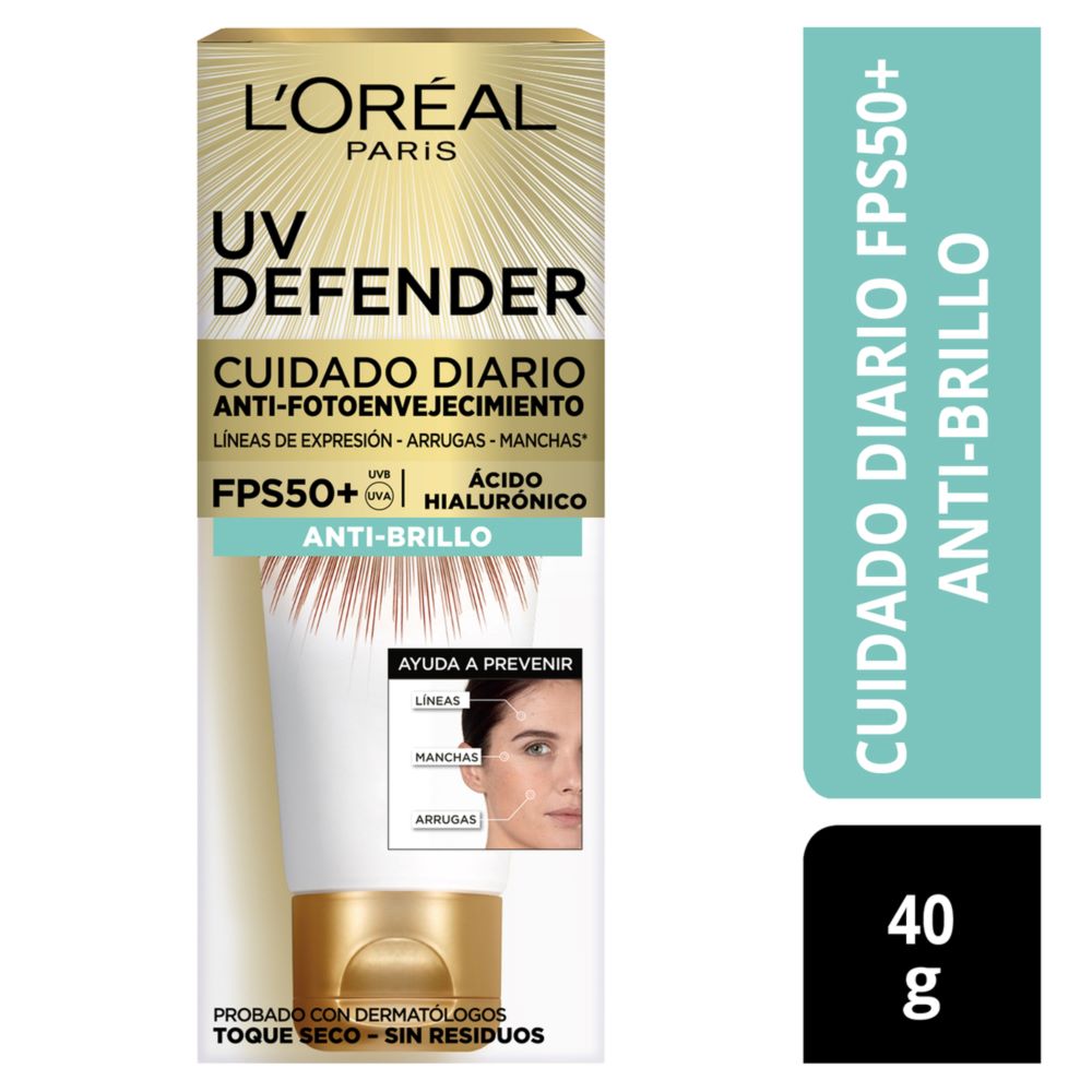 CREMA CUIDADO DIARIO ANTI-BRILLO LOREAL PARIS UV DEFENDER ANTI-FOTOENVEJECIMIENTO FPS 50+ TUBO X 40GR