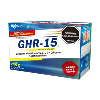 GHR-15 COLAGENO HIDROLIZADO TIPO I Y II + CURCUMA + BIOFLAVONOIDES CAJ X 25SOB X 10GR NARANJA