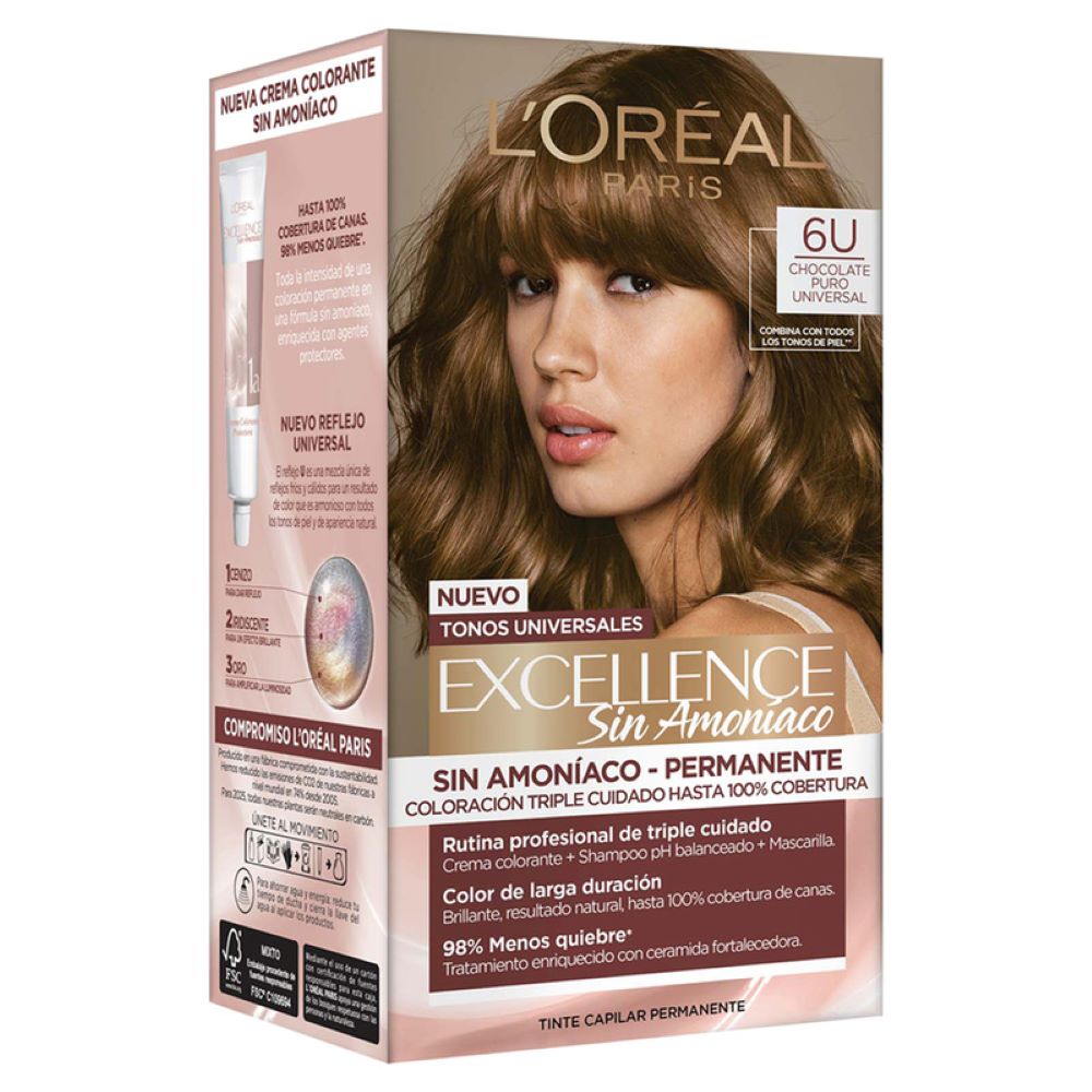 TINTE CAPILAR LOREAL PARIS 6U EXCELLENCE SIN AMONIACO TUB X 45GR CHOCOLATE PURO UNIVERSAL