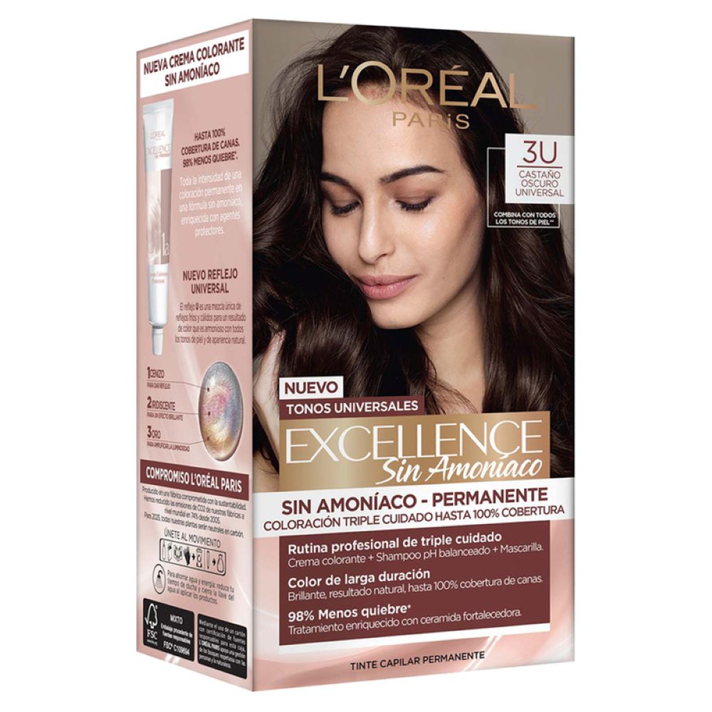 TINTE CAPILAR LOREAL PARIS 3U EXCELLENCE SIN AMONIACO TUB X 45GR CASTANO OSCURO UNIVERSAL