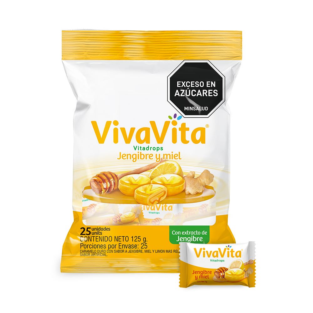 VIVAVITA VITADROPS CARAMELO DURO BOL X 25 JENGIBRE MIEL LIMON