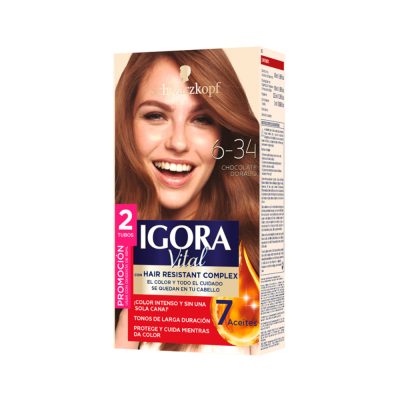 PROMO TINTE IGORA VITAL 6-34 CAJ X 2TUB X 50ML CHOCOLATE DORADO