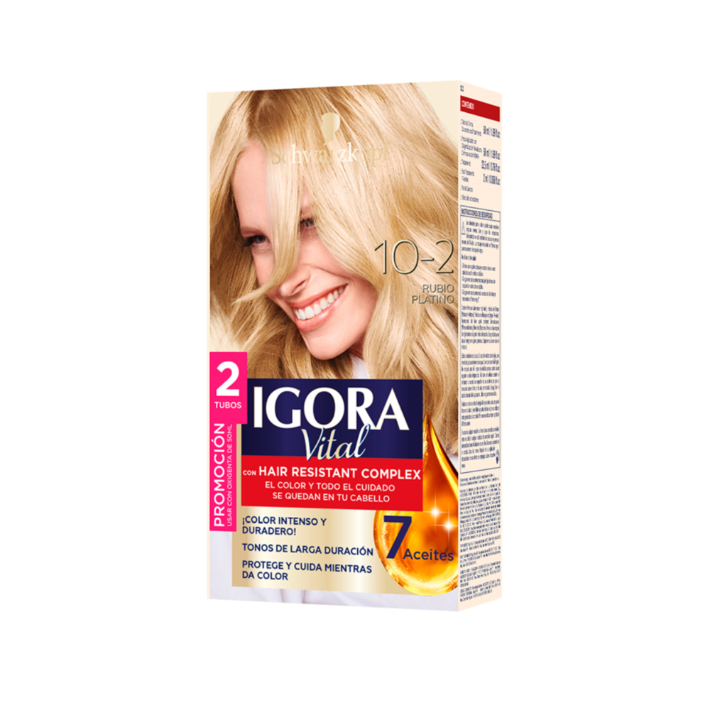 PROMO TINTE IGORA VITAL 10-2 CAJ X 2TUB X 50ML RUBIO PLATINO