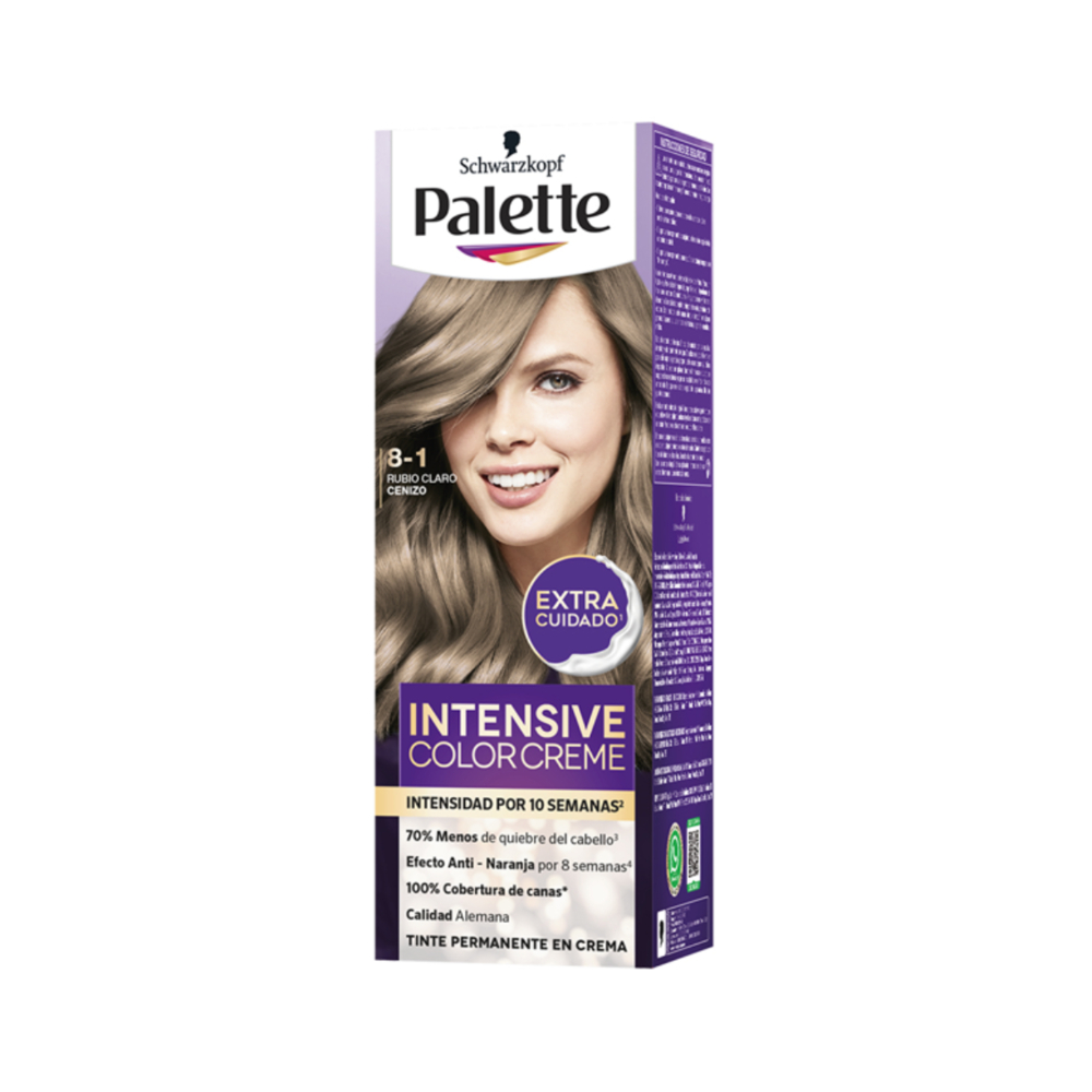 TINTE PALETTE INTENSIVE COLOR CREME 8-1 CAJ X 1TUB X50ML+2 FCO X25ML+GUA X1PAR RUBIO CLARO CENIZO