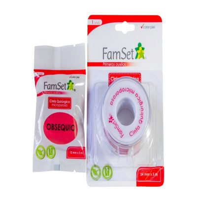 PROMO CINTA QUIRURGICA MICROPOROSA OBSEQUIO 12MM X 3M PAQ FAMSET 24MM X 5M PIEL